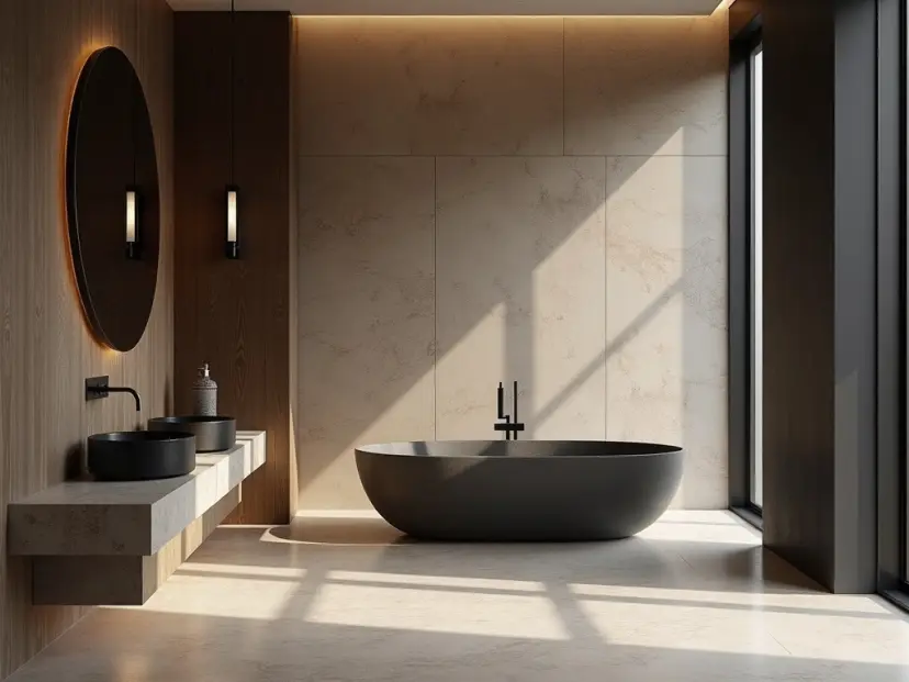 Yenilenmiş modern banyo, doğal taş ve cam duşakabin